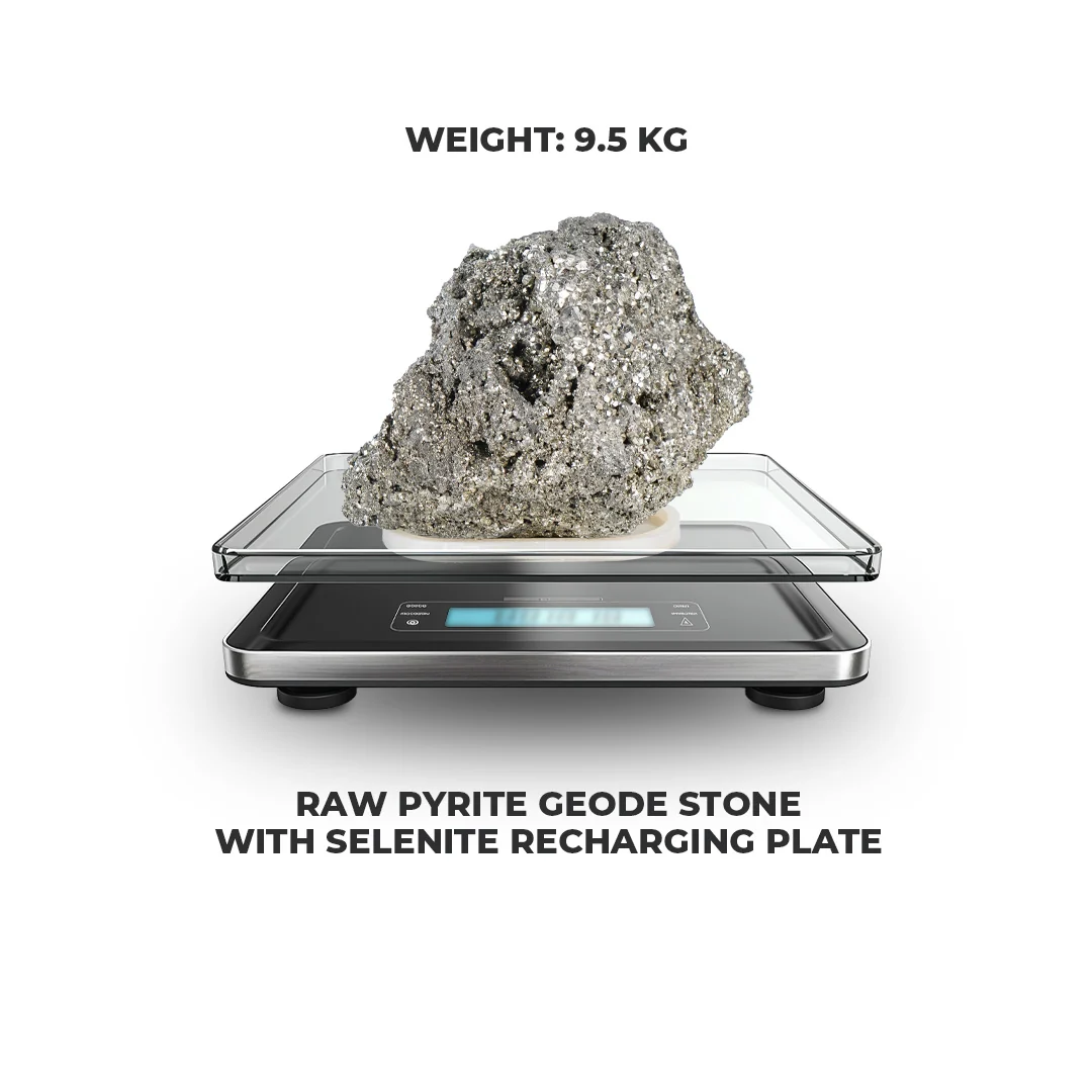 9.5 Kg Raw Pyrite Geode Stone With Selenite Recharging Plate - Image 7