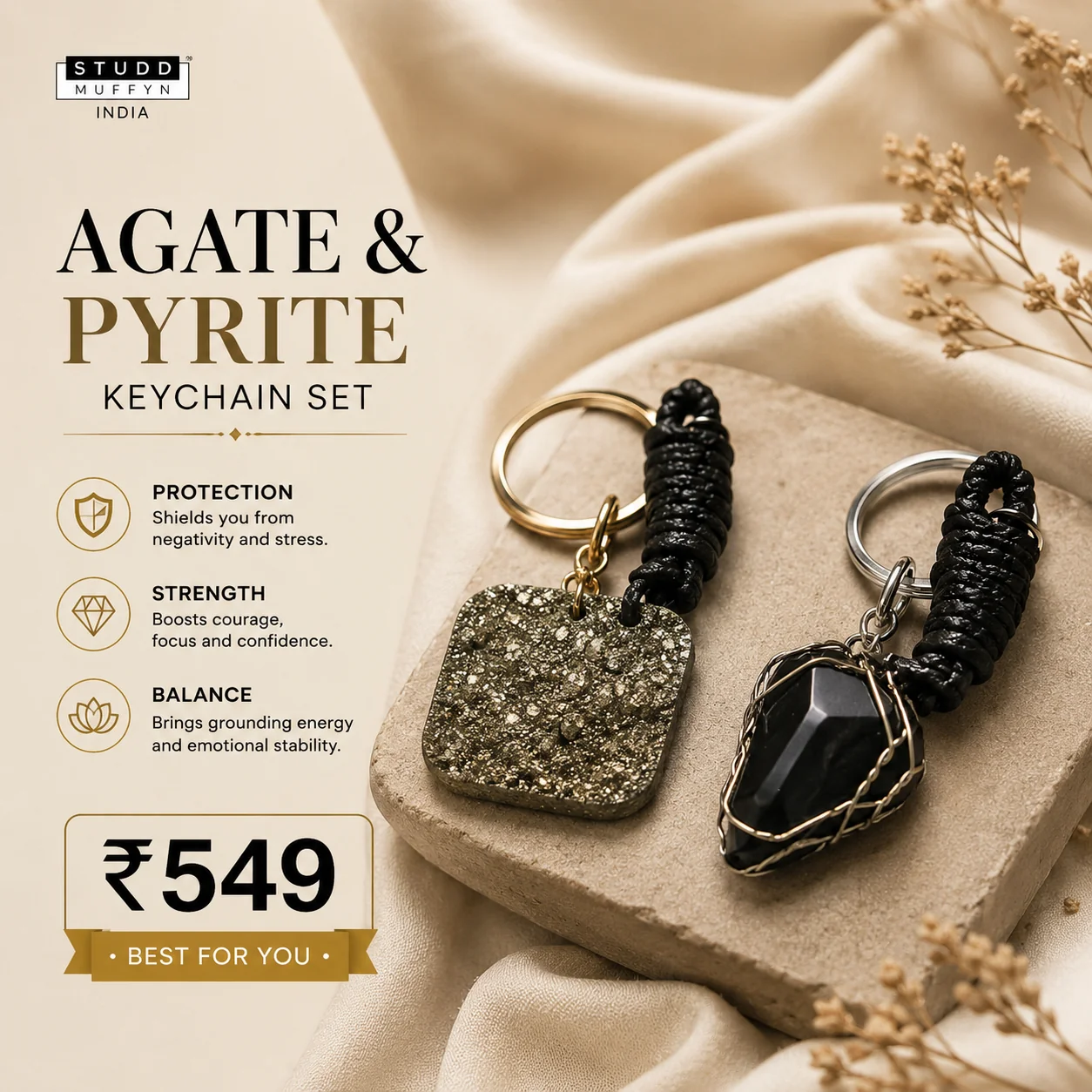 AGATE AND PYRITE KEYRING SET