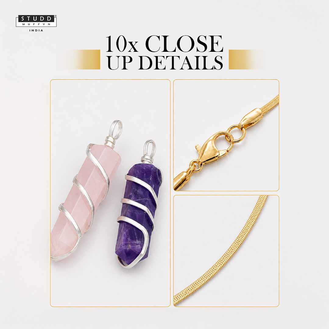 Amethyst and Rose Quartz Crystal Pencil Pendant with Velore Snake Chain - Image 6