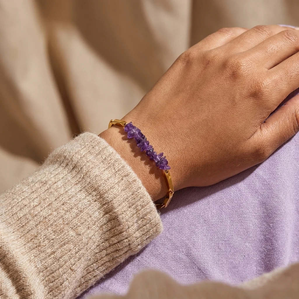 Amethyst Crystal Rice Chain Bracelet — 24K Gold Tone - Image 3