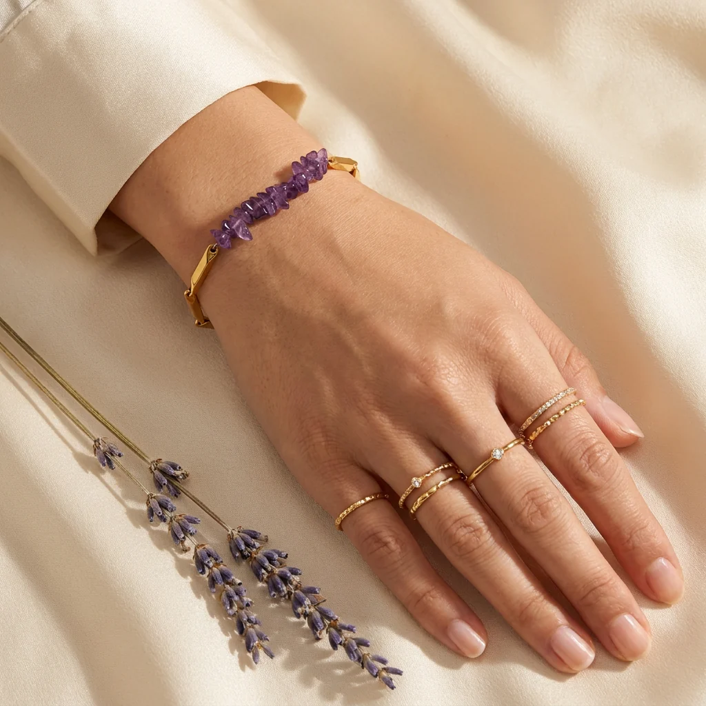 Amethyst Crystal Rice Chain Bracelet — 24K Gold Tone - Image 4