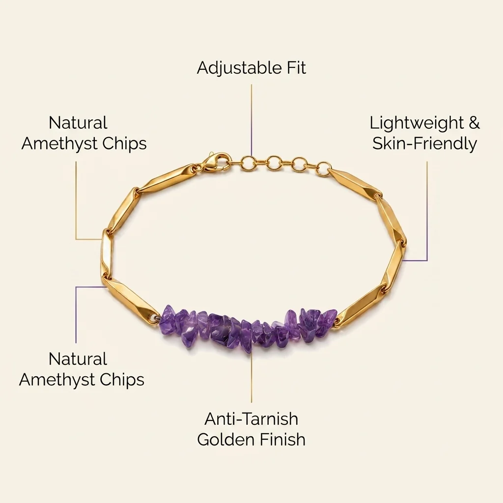 Amethyst Crystal Rice Chain Bracelet — 24K Gold Tone - Image 5