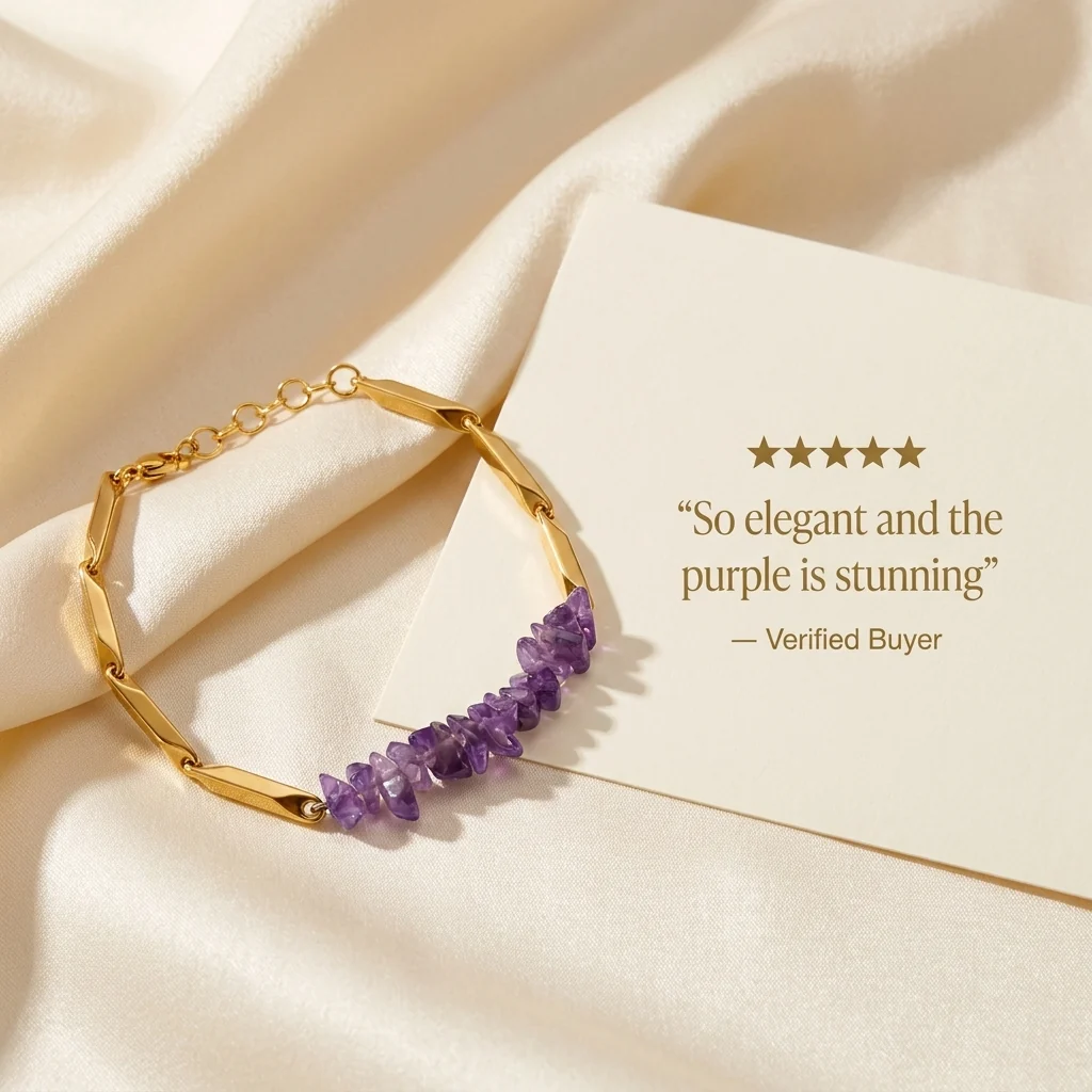 Amethyst Crystal Rice Chain Bracelet — 24K Gold Tone - Image 6