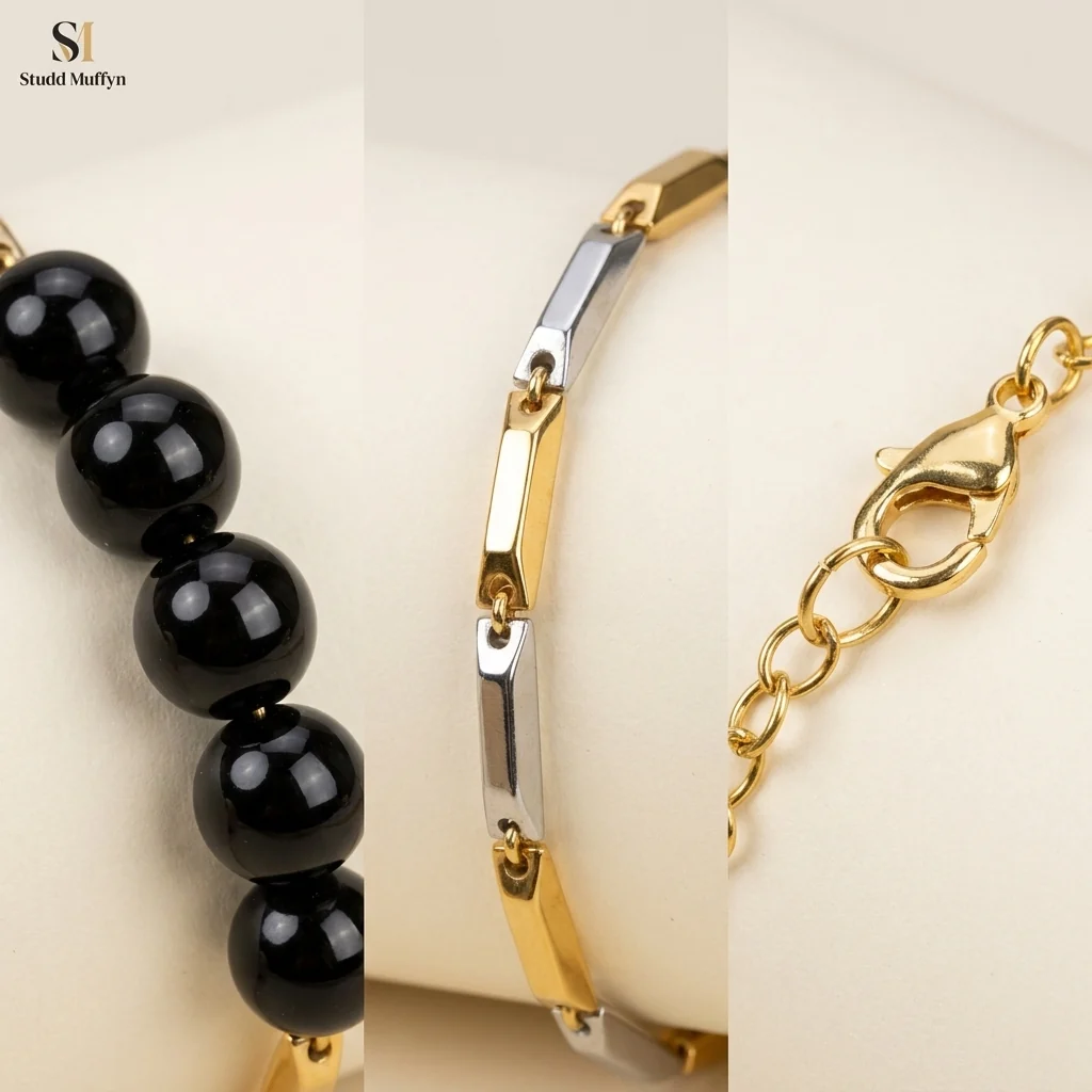 Black Obsidian Dual-Tone Rice Chain Bracelet - Image 2