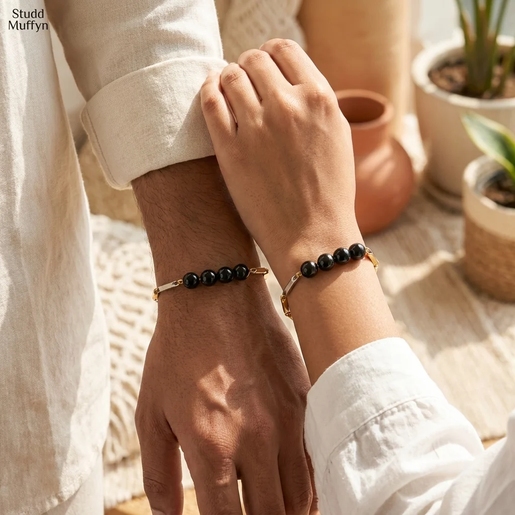Black Obsidian Dual-Tone Rice Chain Bracelet - Image 3