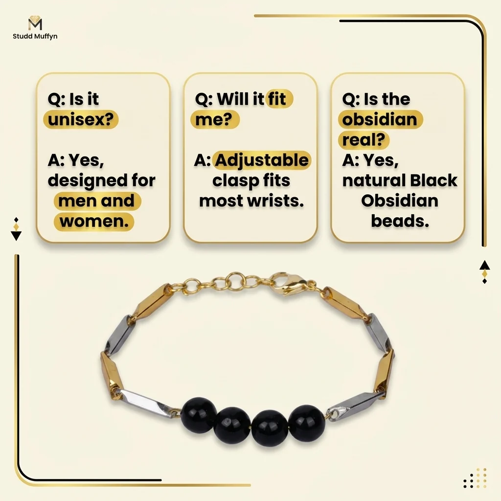 Black Obsidian Dual-Tone Rice Chain Bracelet - Image 5