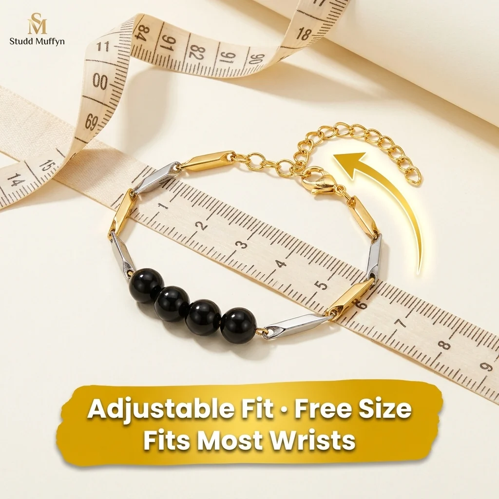 Black Obsidian Dual-Tone Rice Chain Bracelet - Image 6