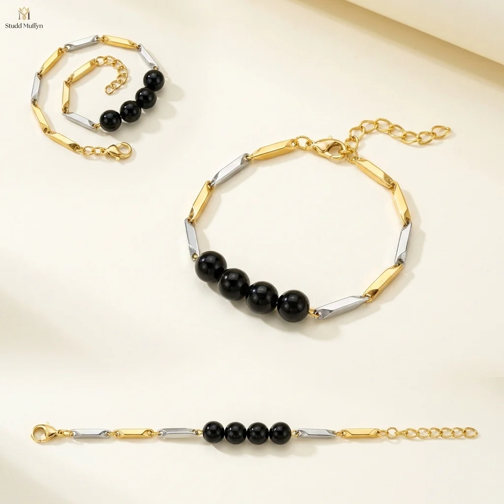 Black Obsidian Dual-Tone Rice Chain Bracelet - Image 8
