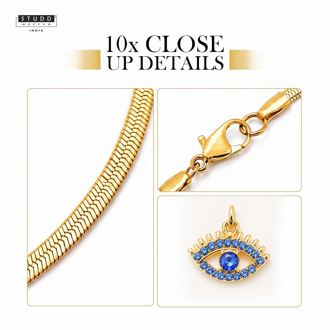 Blue Evil Eye Pendant - 24k Gold Plated [ With Velore Snake Chain ] - Image 5
