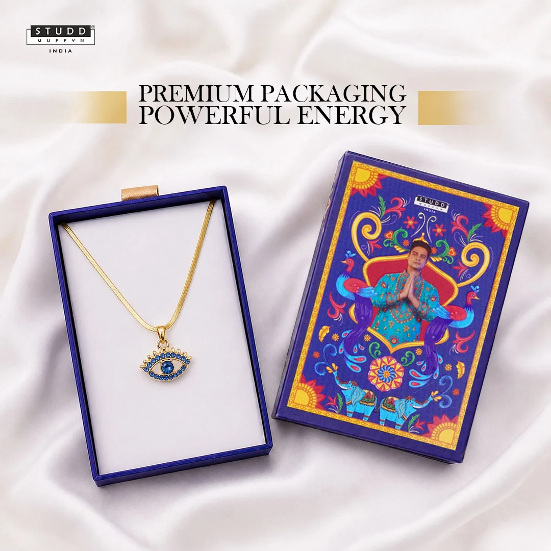 Blue Evil Eye Pendant - 24k Gold Plated [ With Velore Snake Chain ] - Image 7