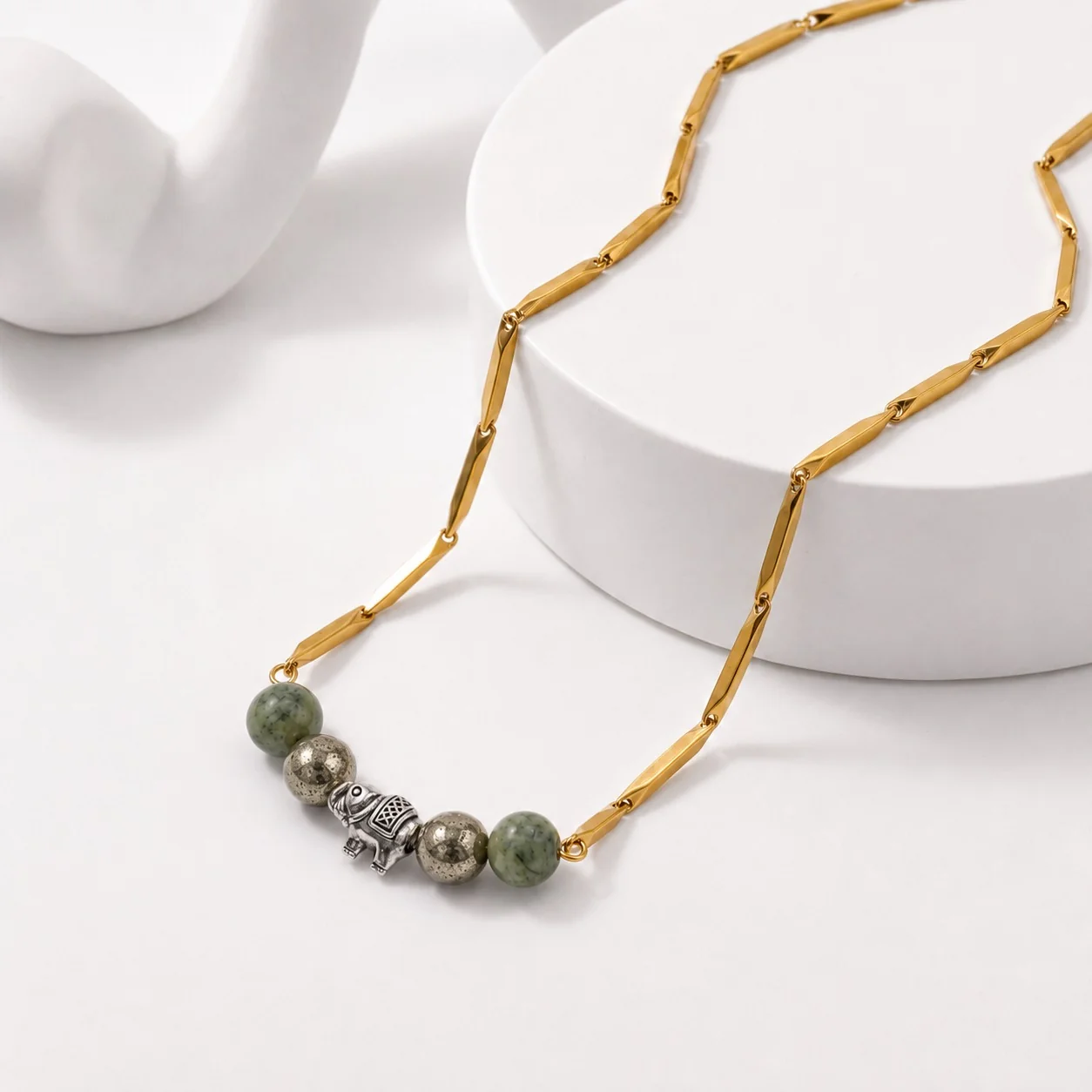 Green Harmony Golden Rice Chain Necklace — Green Aventurine, Black Obsidian & Clear Quartz