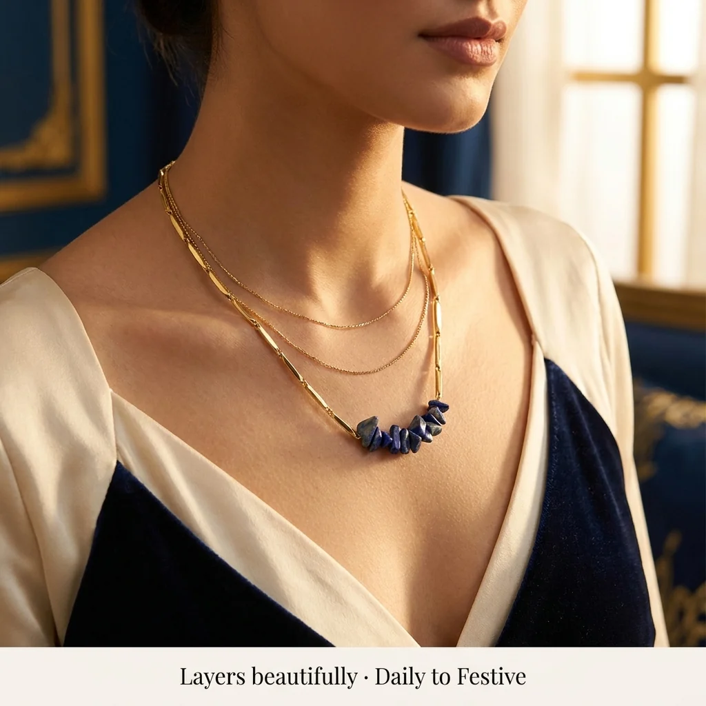 Lapis Lazuli Crystal Gold Toned Rice Chain Pendant Necklace - Image 4