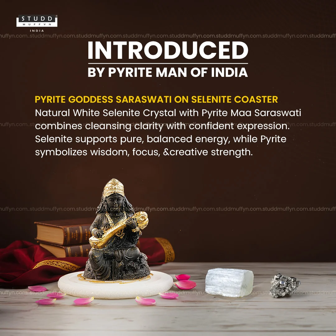 Pyrite Goddess Saraswati on Selenite Coaster I Miniature Series - Image 2