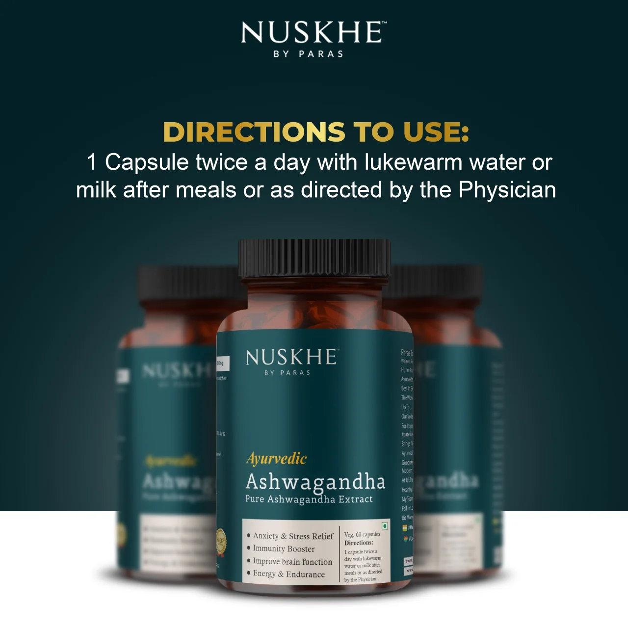 Nuskhe by Paras Ayurvedic Ashwagandha Pure Ext for Men and Women -60 Veg Capsules - Image 3