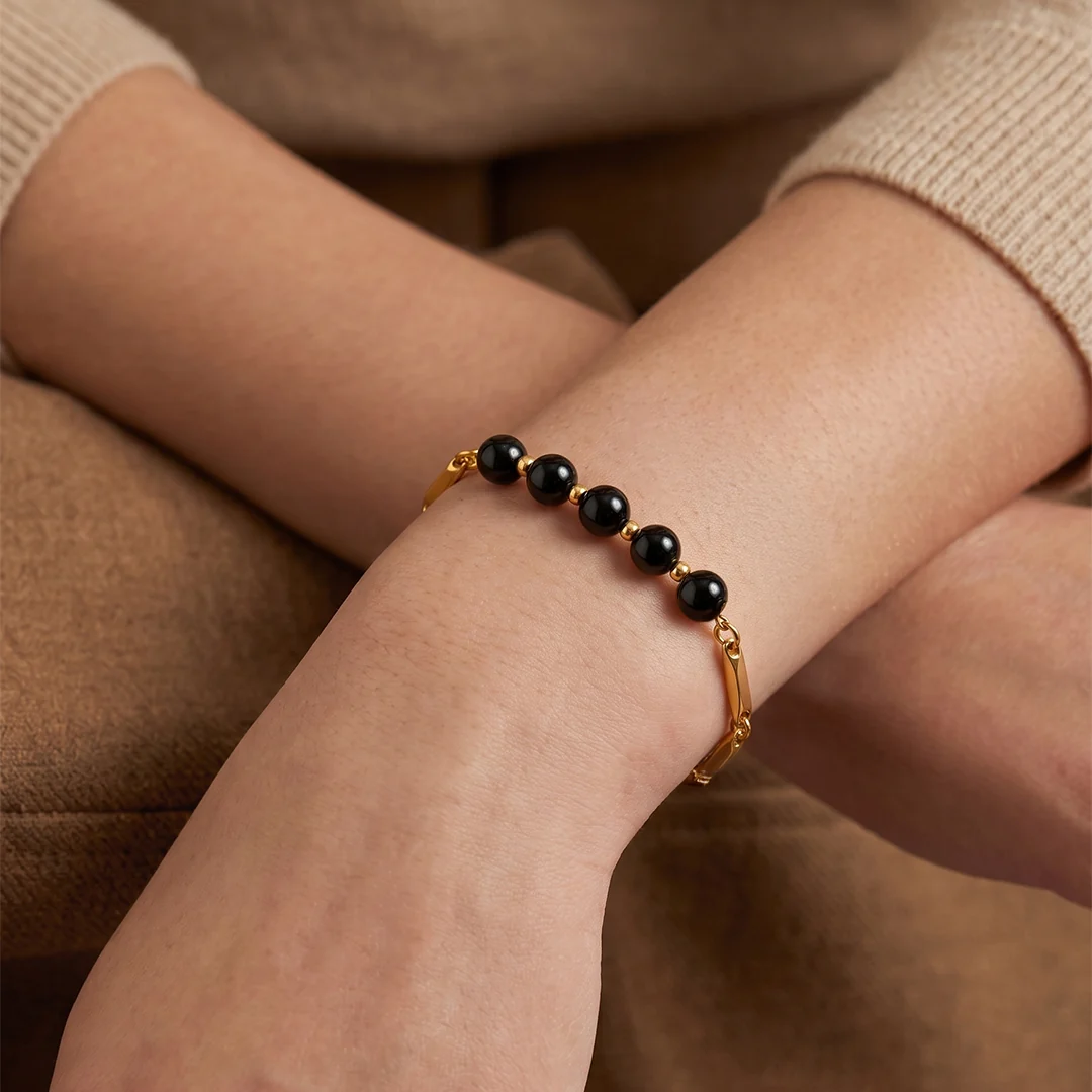Obsidian Crystal 24K Gold-Toned Rice Chain Bracelet - Image 8