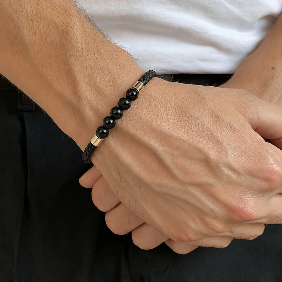 Obsidian Stretchable Leather Bracelet - Image 8