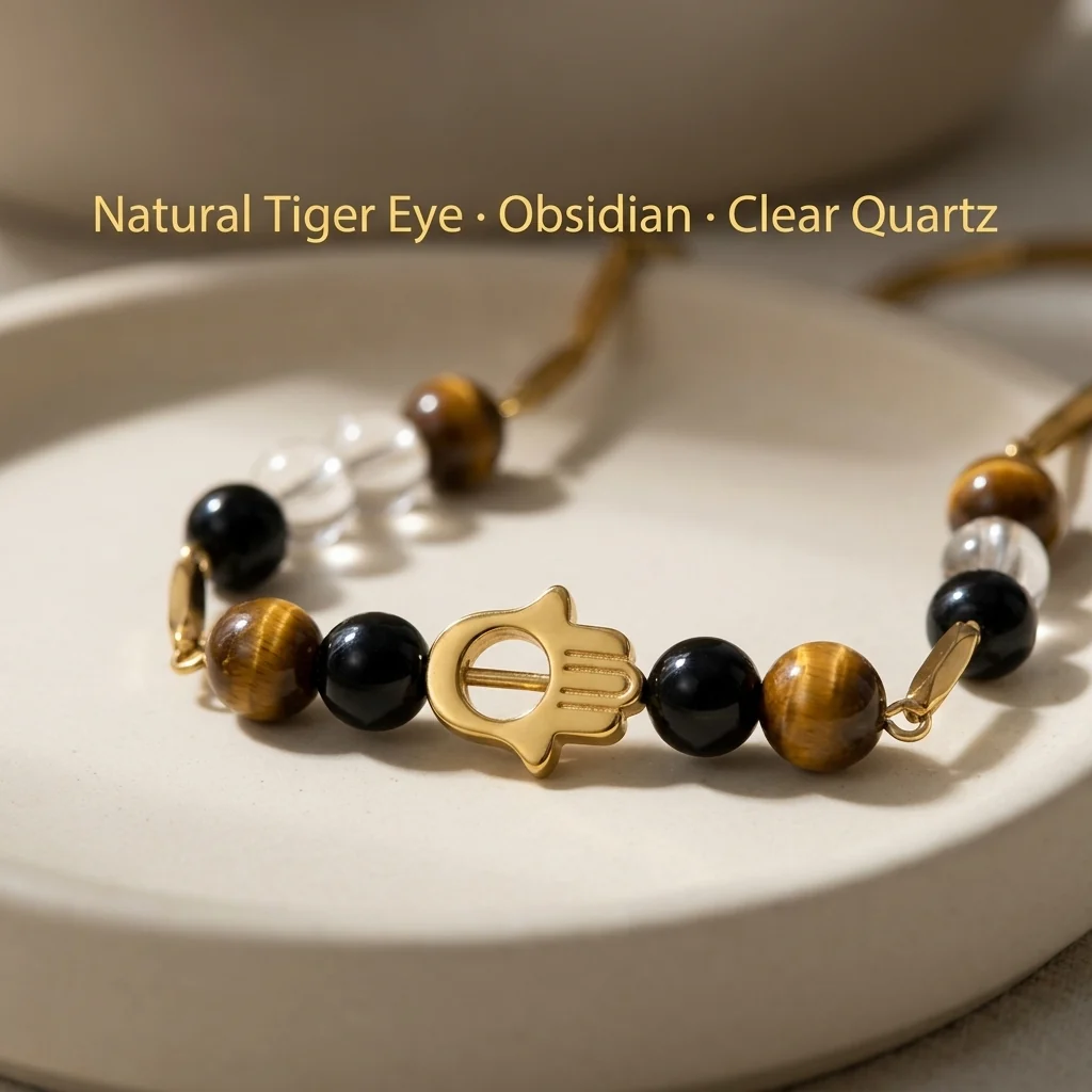 Protection Hamsa Crystal Gold Toned Rice Chain Necklace — Tiger Eye, Black Obsidian & Clear Quartz - Image 2