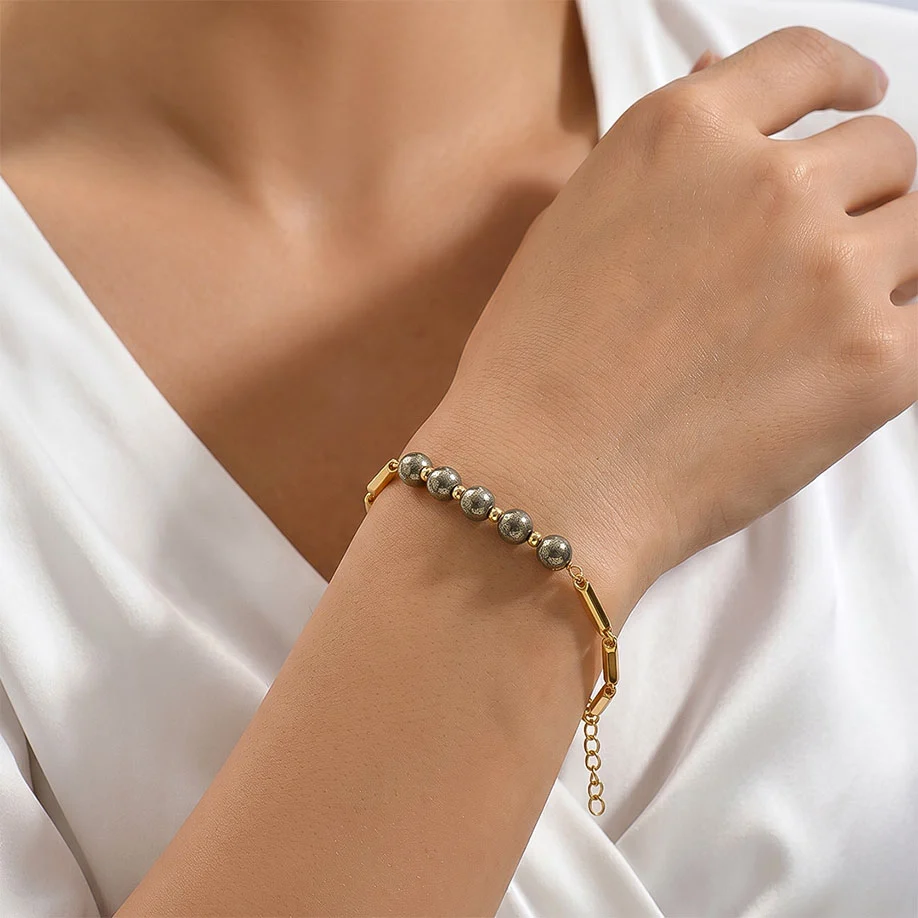 Pyrite Crystal 24K Gold-Toned Rice Chain Bracelet - Image 8