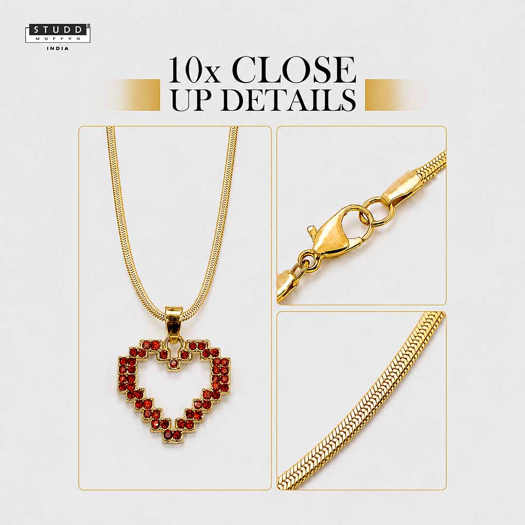 Red Heart Pixel Pendant - 24K Gold Plated [ With Velore Snake Chain] - Image 5