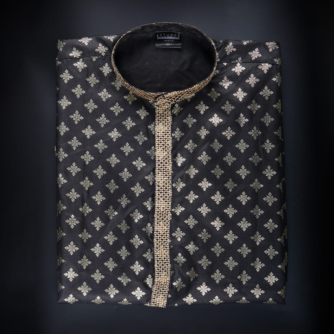 Royal Black Gold Block Print Kurta - Image 6