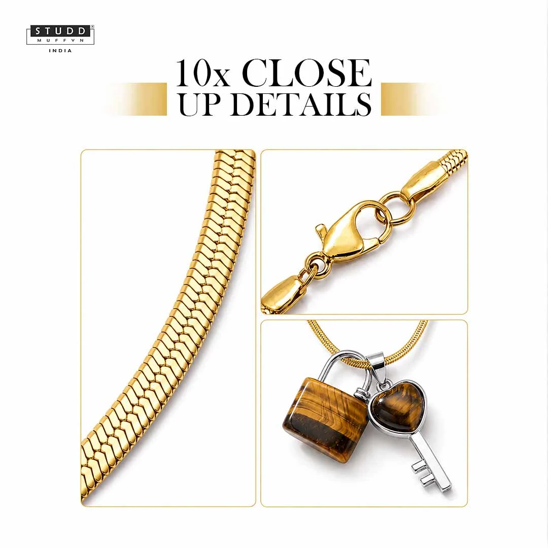 Tiger Eye Lock & Key Crystal Pendant With Velore Snake Chain - Image 5